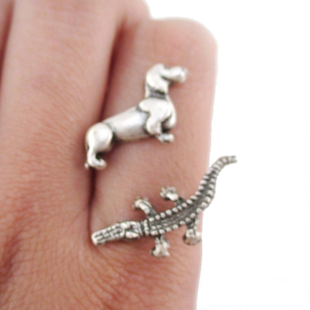 Dachshund and Crocodile Adjustable Wire Wrap Ring in Silver | DOTOLY
