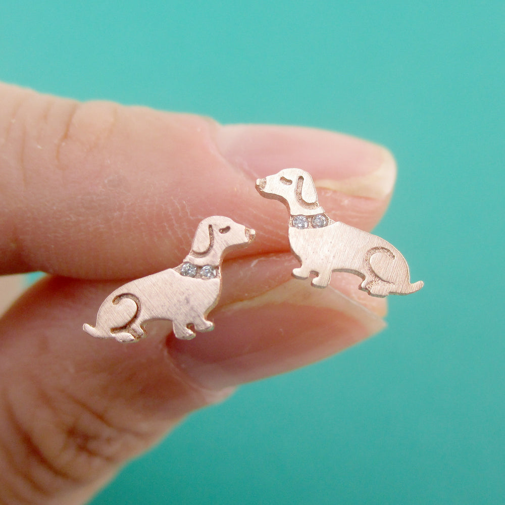 Dachshund Puppies Shaped Stud Earrings with Rhinestones for Dog Lovers