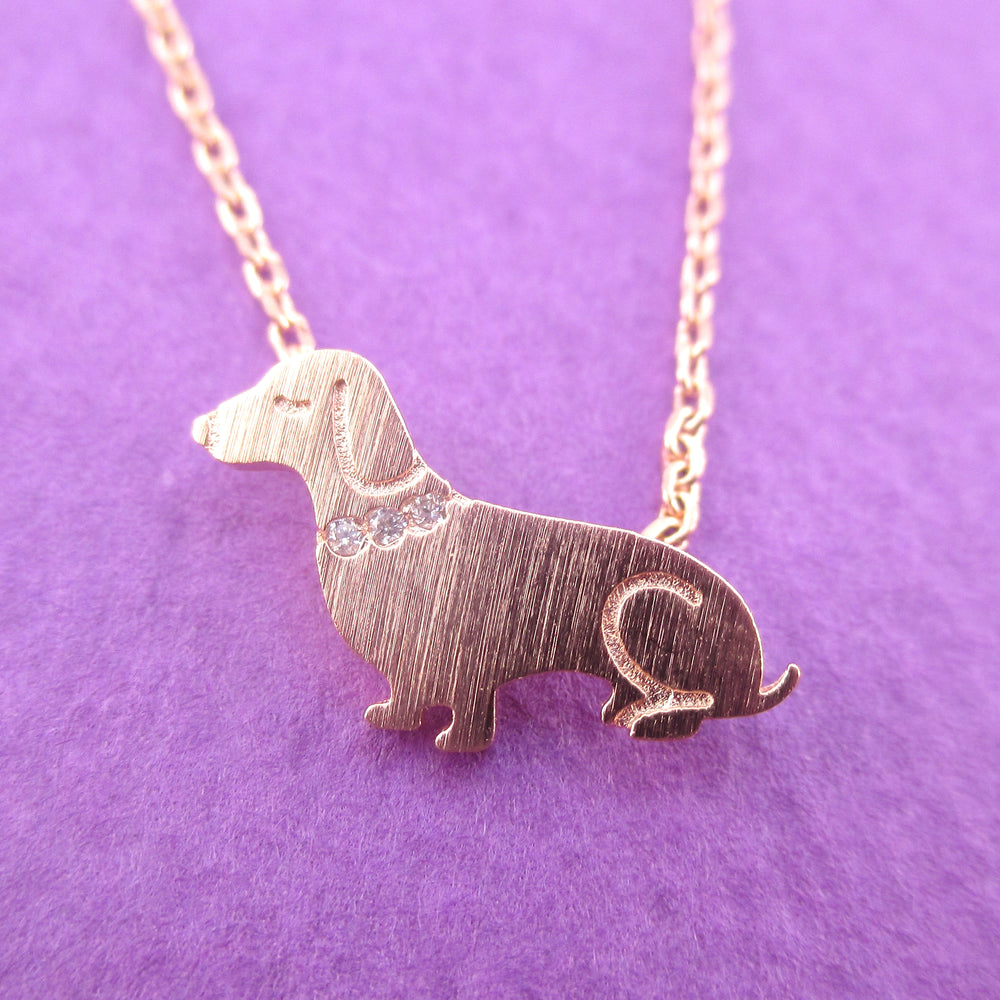 Dachshund Puppy Shaped Charm Necklace with Rhinestones in Rose Gold for Dog Lovers