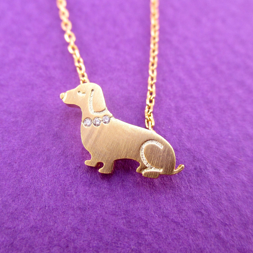 Dachshund Puppy Shaped Charm Necklace with Rhinestones in Gold for Dog Lovers