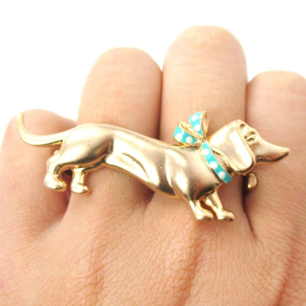 Dachshund With A Scarf Shaped Double Finger Animal Ring