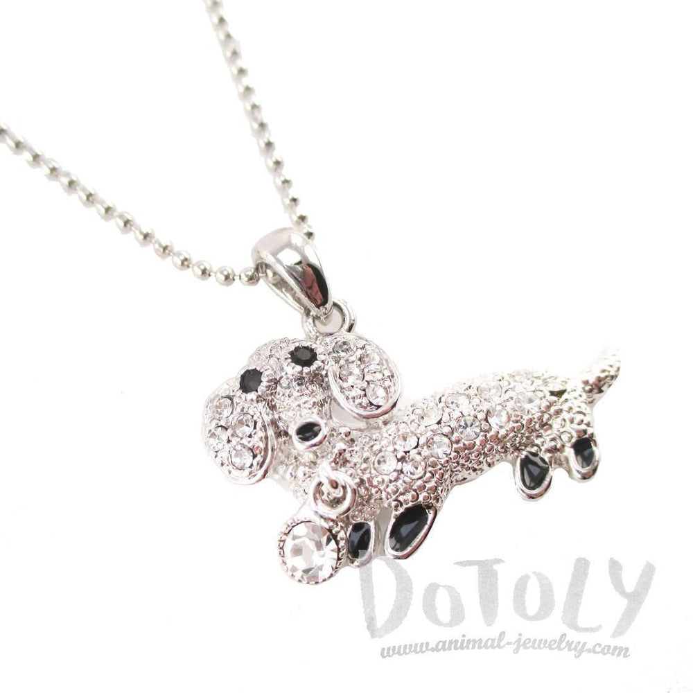 Dachshund Sausage Dog Pendant Necklace in Silver with Rhinestones