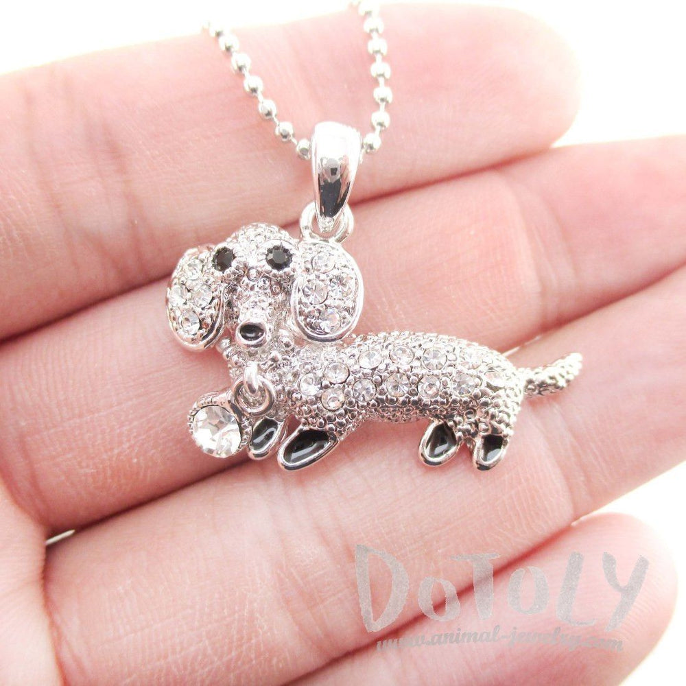 Dachshund Sausage Dog Pendant Necklace in Silver with Rhinestones