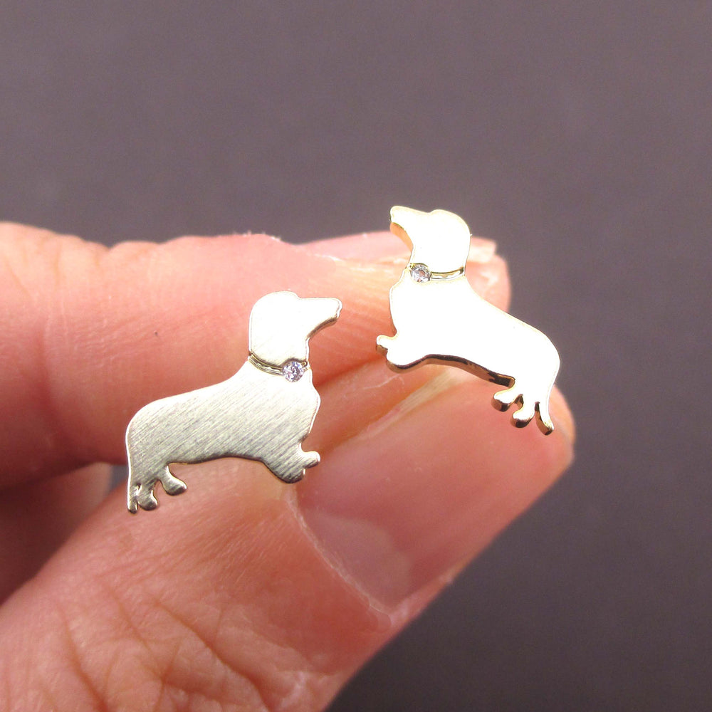 Dachshund Sausage Dog Shaped Stud Earrings with Rhinestones in Gold