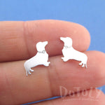 Dachshund Sausage Dog Shaped Stud Earrings with Rhinestones in Silver