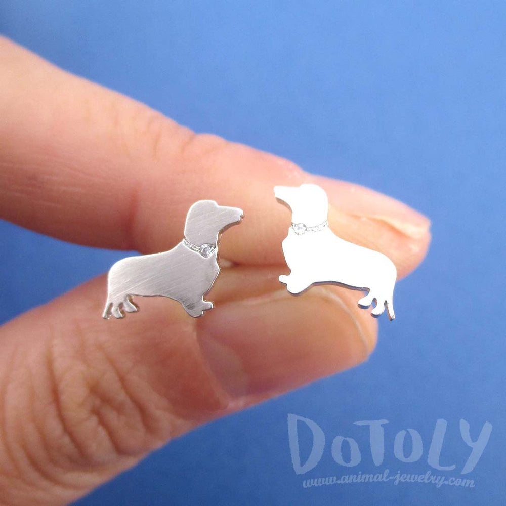 Dachshund Sausage Dog Shaped Stud Earrings with Rhinestones in Silver