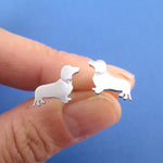 Dachshund Sausage Dog Shaped Stud Earrings with Rhinestones in Silver