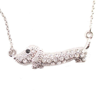 Dachshund Weiner Dog Pendant Necklace in Silver with Rhinestones