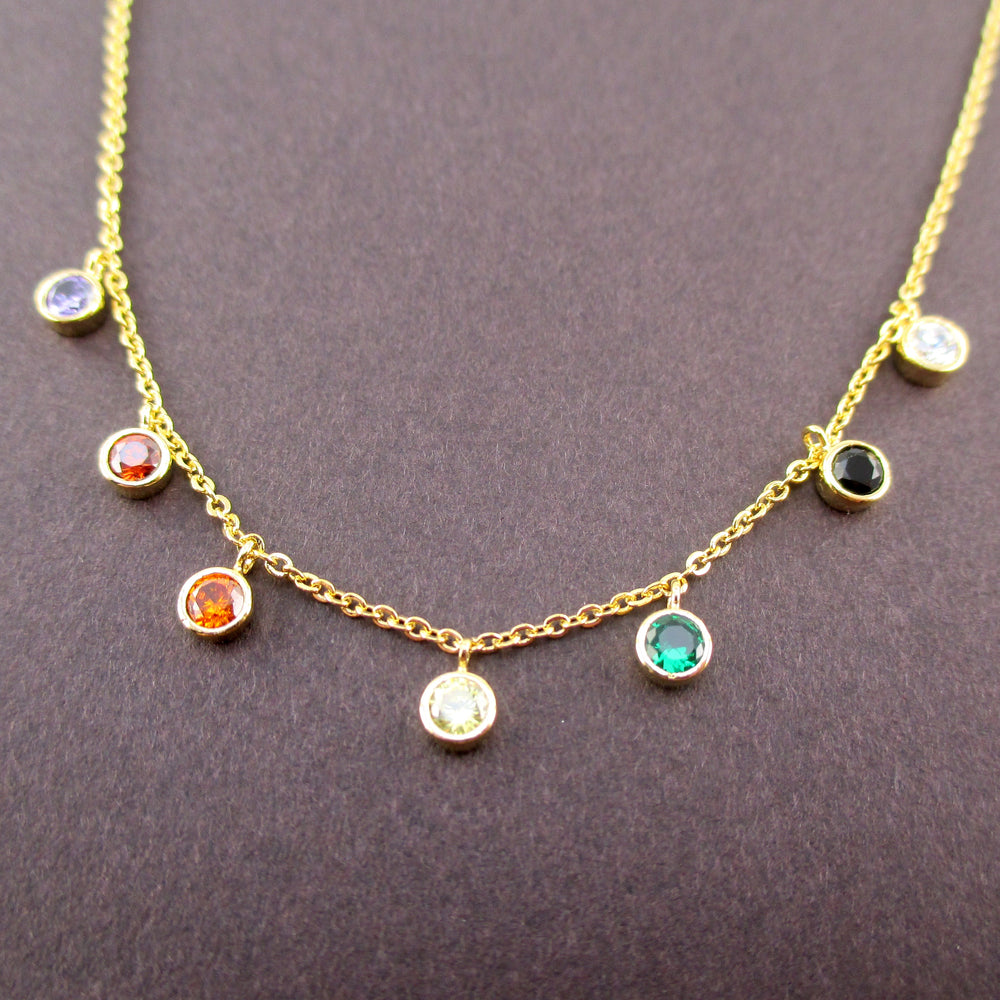 Dainty Colorful Rainbow Rhinestone Charm Necklace in Gold | DOTOLY