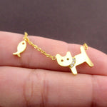 Dainty Kitty Cat and Fish Shaped Pendant Choker Necklace in Gold