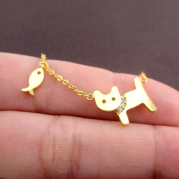 Dainty Kitty Cat and Fish Shaped Pendant Choker Necklace in Gold