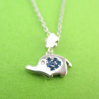 Dainty Little Elephant Shaped Blue Rhinestone Charm Necklace in Silver