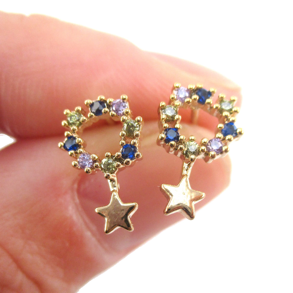Dainty Star Shaped Round Rhinestone Drop Stud Earrings | DOTOLY