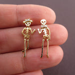 Dancing Skeletons Shaped Coco Dangle Drop Stud Earrings in Gold