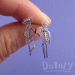 Dancing Skeletons Shaped Coco Dangle Drop Stud Earrings in Silver