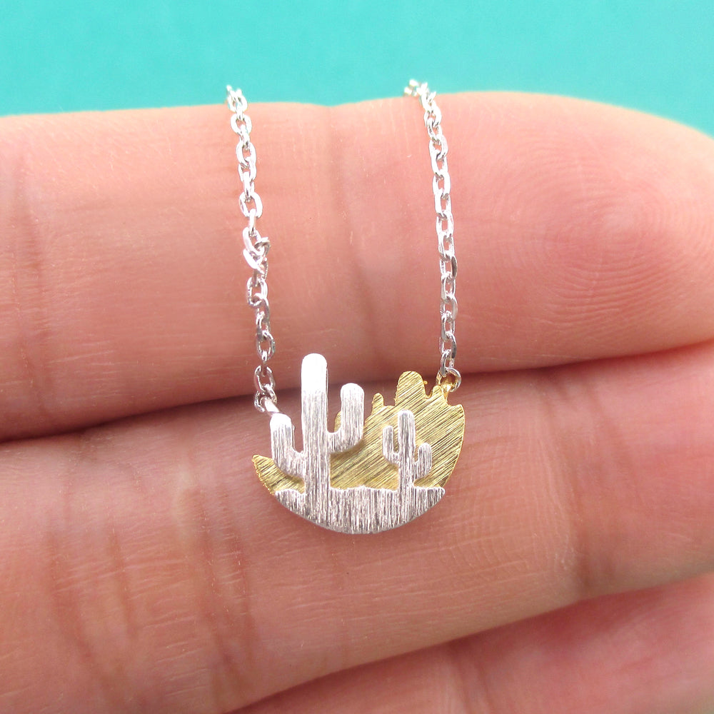 Desert Cactus Landscape Silhouette Layered Round Pendant Necklace