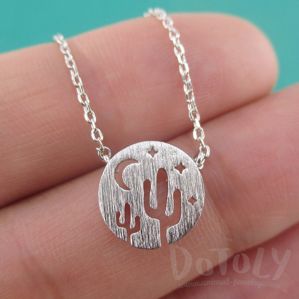 Desert Night Sky Moon Stars and Cactus Silhouette Round Charm Necklace in Silver
