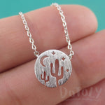 Desert Night Sky Moon Stars and Cactus Silhouette Round Charm Necklace in Silver