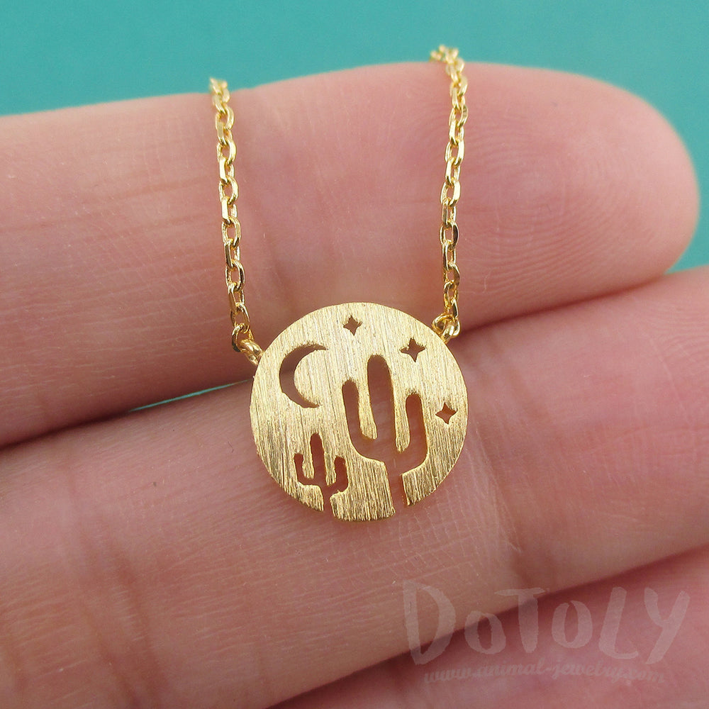 Desert Night Sky Moon Stars and Cactus Silhouette Round Charm Necklace in Gold