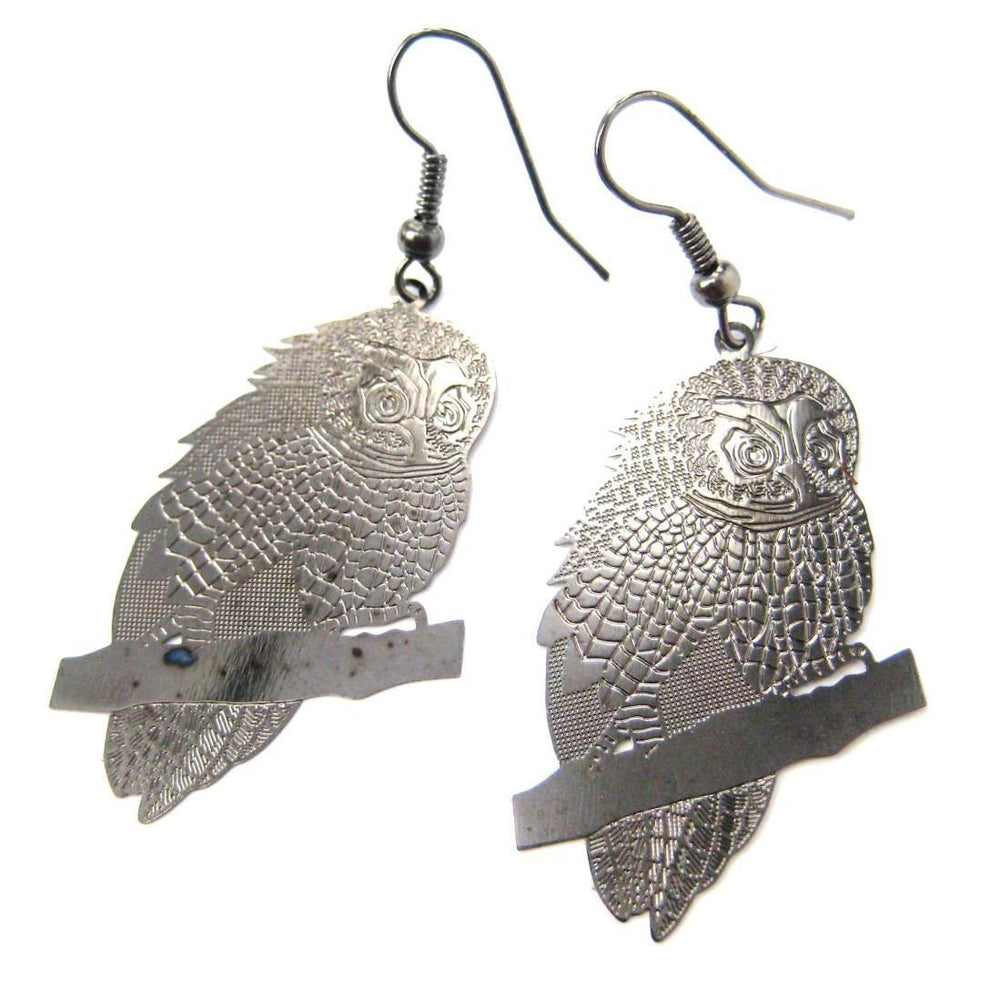 Detailed Barn Owl Shaped Dangle Earrings Dark Silver | Animal Jewelry