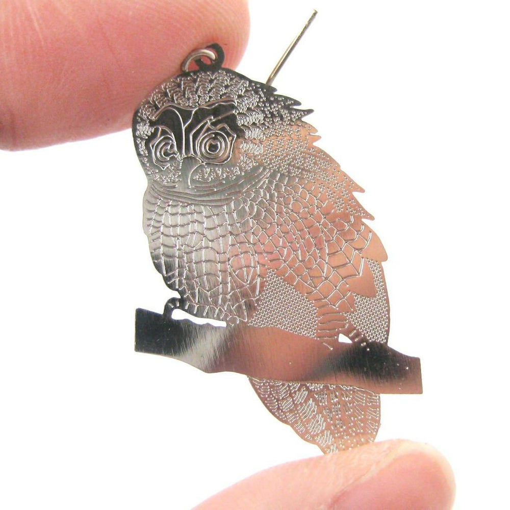 Detailed Barn Owl Shaped Dangle Earrings in Silver | Animal Jewelry