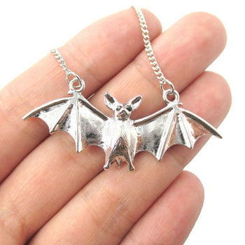 Detailed Bat Shaped Animal Pendant Necklace in Shiny Silver | DOTOLY