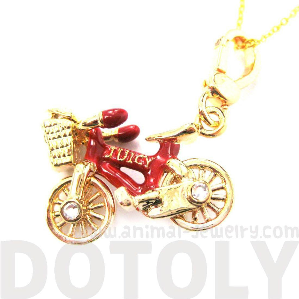 Detailed Bicycle With Basket Pendant Necklace in Red and Gold | DOTOLY