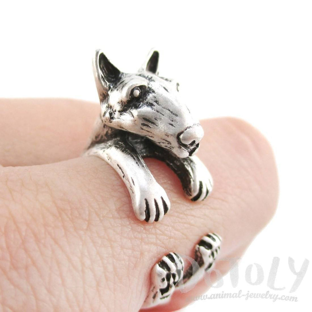 3D Bull Terrier Dog Shaped Animal Wrap Ring in Silver