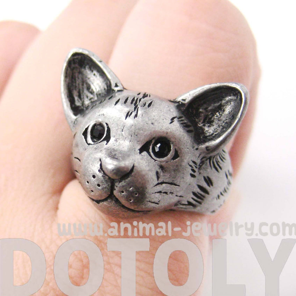 Detailed Cat Head Face Shaped Animal Ring in Silver | Animal Jewelry