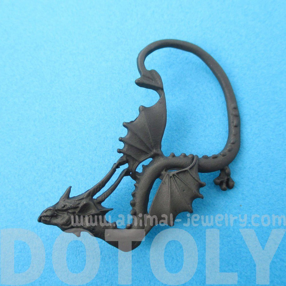 Detailed Dragon Shaped Animal Themed Ear Cuff in Black | DOTOLY