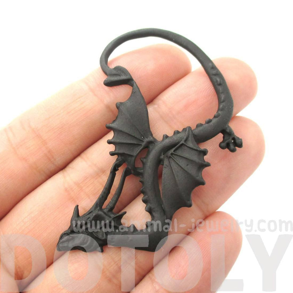 Detailed Dragon Shaped Animal Themed Ear Cuff in Black | DOTOLY