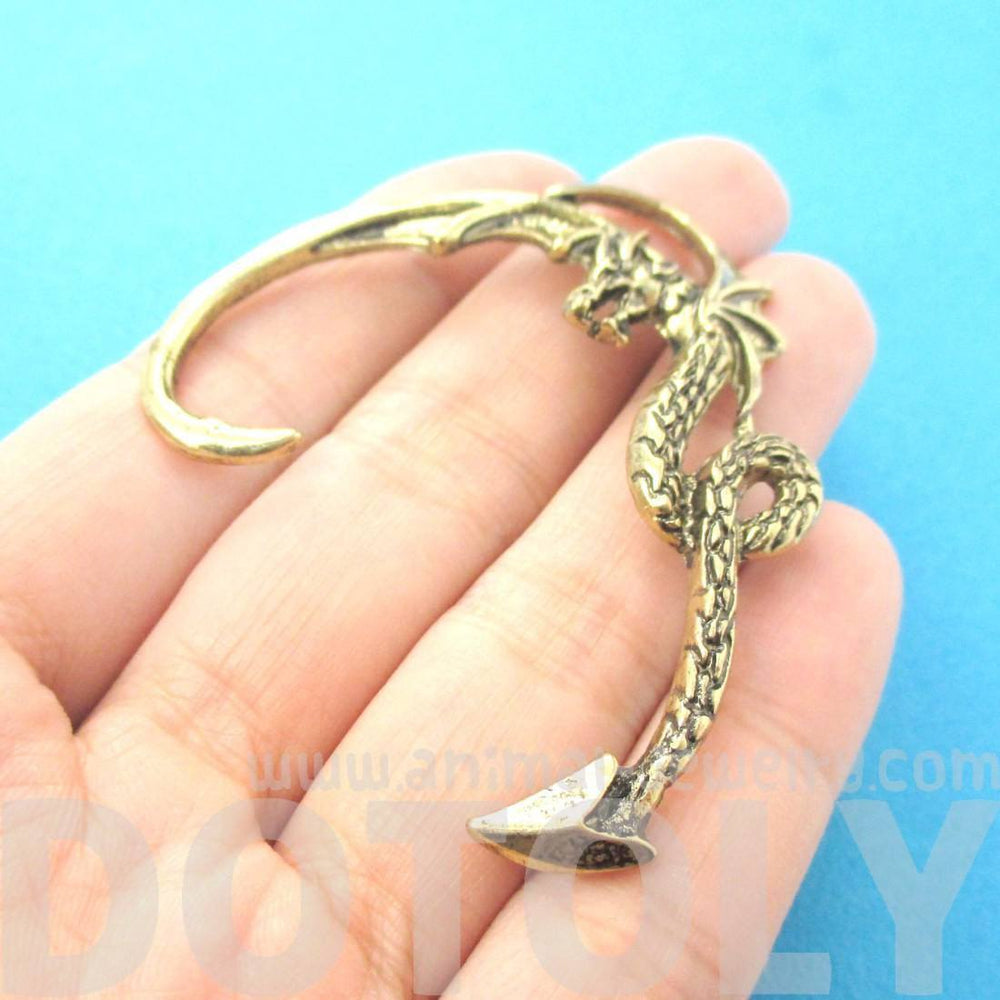 Detailed Dragon Shaped Animal Wrap Ear Cuff in Brass | Animal Jewelry