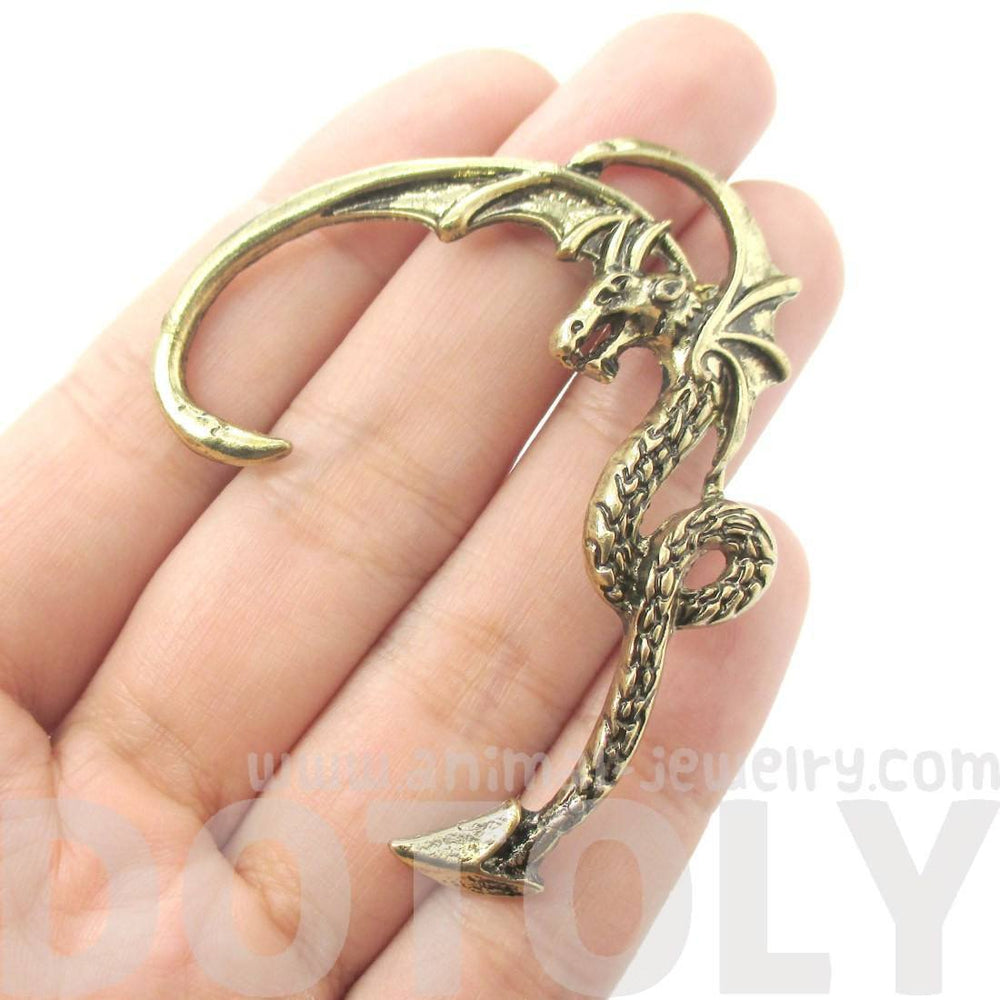 Detailed Dragon Shaped Animal Wrap Ear Cuff in Brass | Animal Jewelry