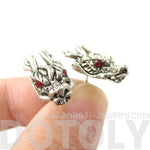 Detailed Dragon Head Shaped Stud Earrings in Silver with Rhinestones