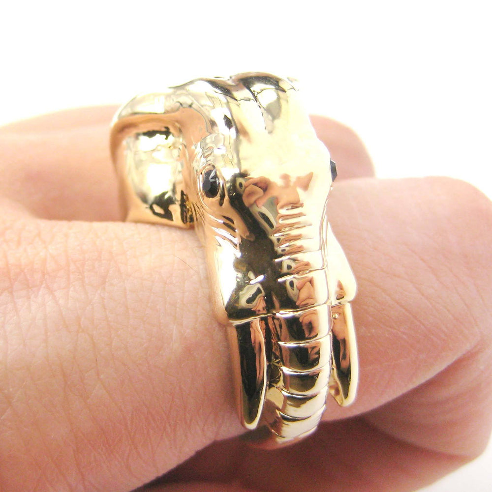 Detailed Elephant Head Shaped Animal Ring in Shiny Gold | Sizes 7 to 9