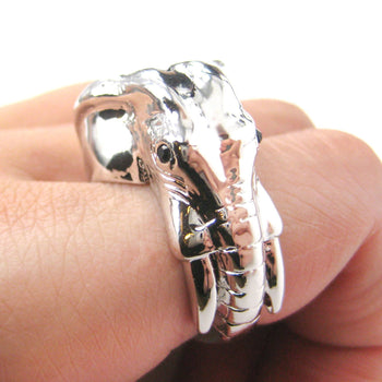 Detailed Elephant Head Shaped Animal Ring in Shiny Silver | Size 7 - 9