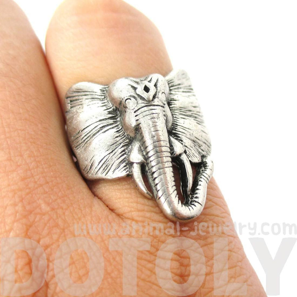 Detailed Elephant Head Shaped Animal Ring in Silver