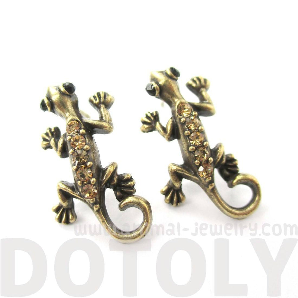 Detailed Gecko Lizard Shaped Stud Earrings in Brass with Rhinestones
