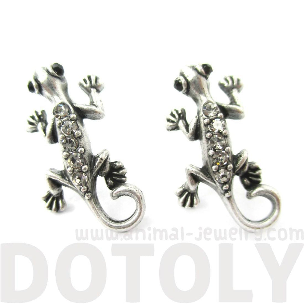 Detailed Gecko Lizard Shaped Stud Earrings in Silver with Rhinestones