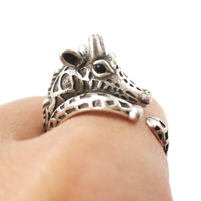Detailed Giraffe Shaped Animal Print Ring in Silver | Animal Jewelry