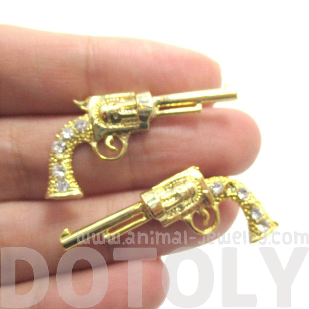 Gun Pistol Shaped Stud Earrings in Gold with Rhinestone