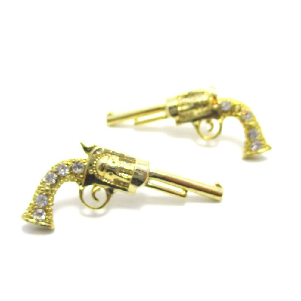 Gun Pistol Shaped Stud Earrings in Gold with Rhinestone