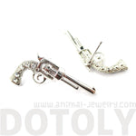 Gun Pistol Revolver Shaped Stud Earrings in Silver with Rhinestones