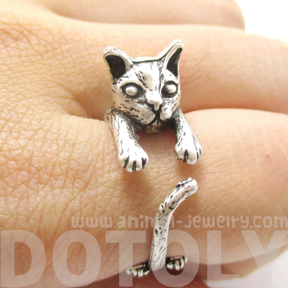 Detailed 3D Kitty Cat Shaped Animal Wrap Ring in Silver