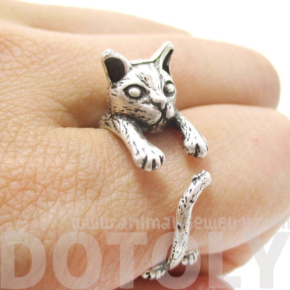 Detailed 3D Kitty Cat Shaped Animal Wrap Ring in Silver