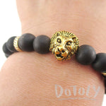 Detailed Lion Face Charm Adjustable Length Black Beaded Bracelet in Gold | DOTOLY