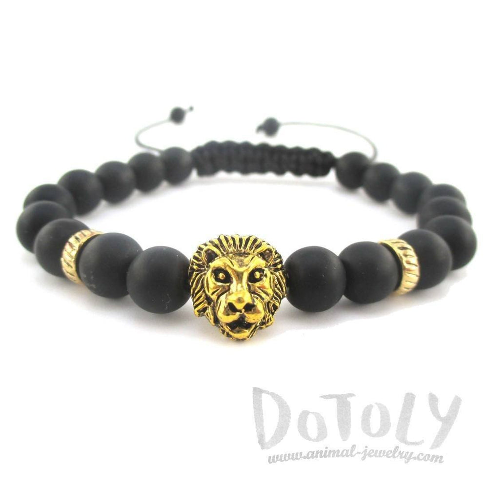 Detailed Lion Face Charm Adjustable Length Black Beaded Bracelet in Gold | DOTOLY