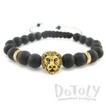 Detailed Lion Face Charm Adjustable Length Black Beaded Bracelet in Gold | DOTOLY
