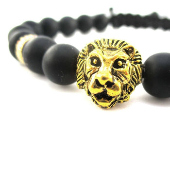 Detailed Lion Face Charm Adjustable Length Black Beaded Bracelet in Gold | DOTOLY