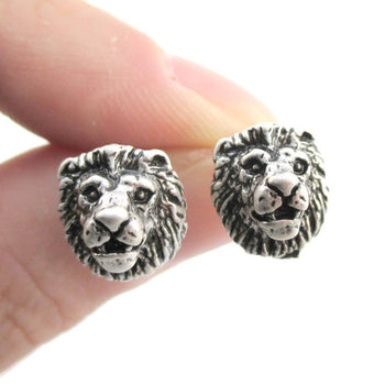 Detailed Lion Face Shaped Stud Earrings in Silver